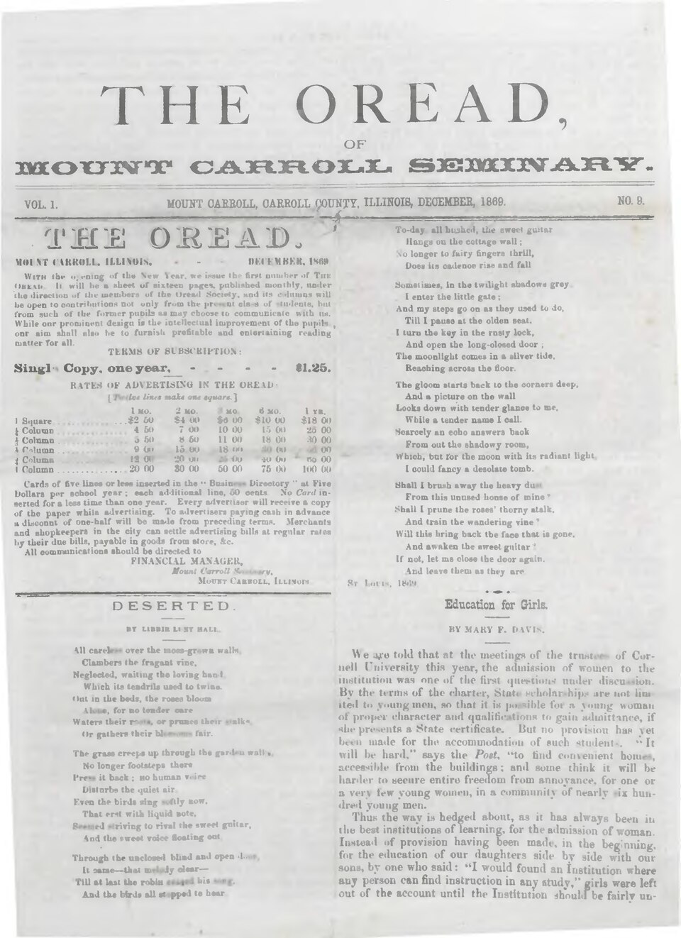 Students Return — Oread of the Mount Carroll Seminary, December 1869